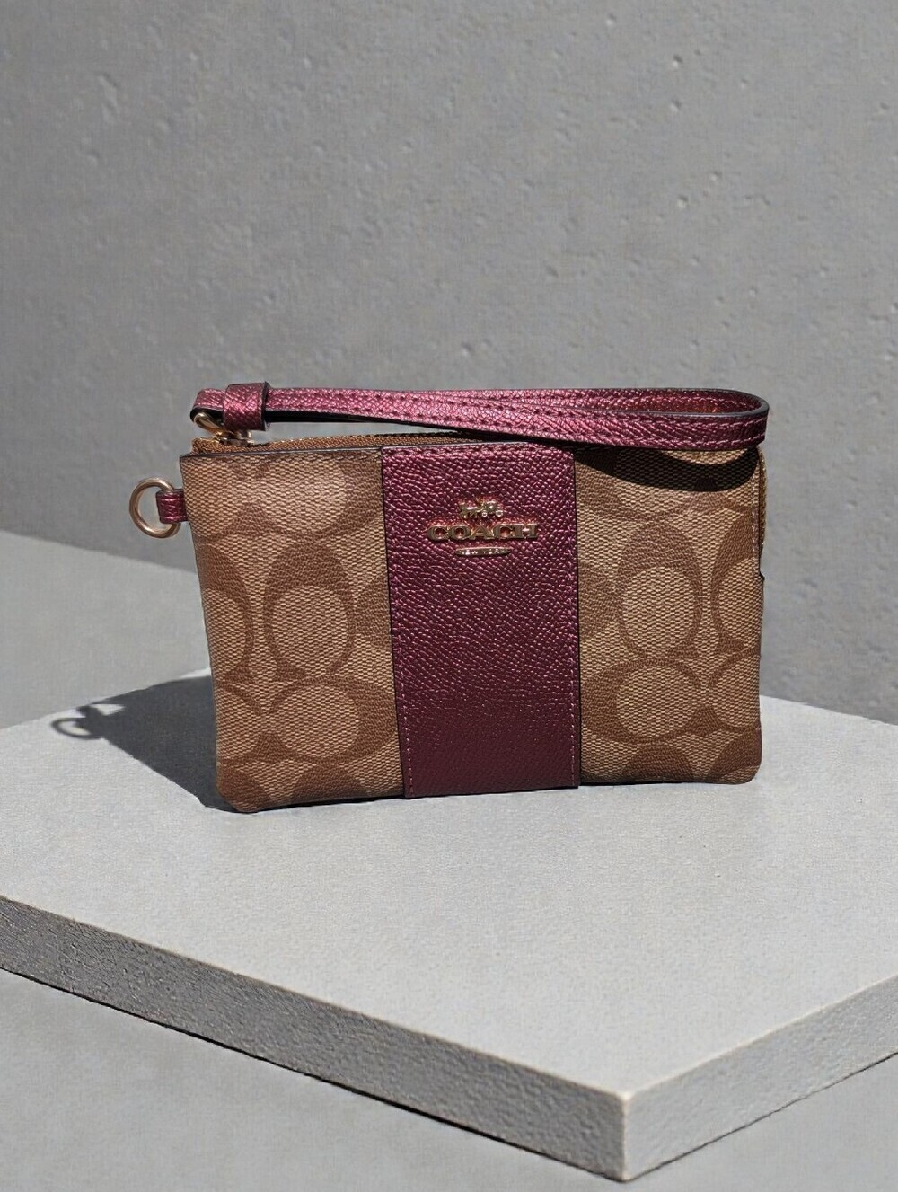 Coach Corner Zip Wristlet Metallic Wine (NWT)
